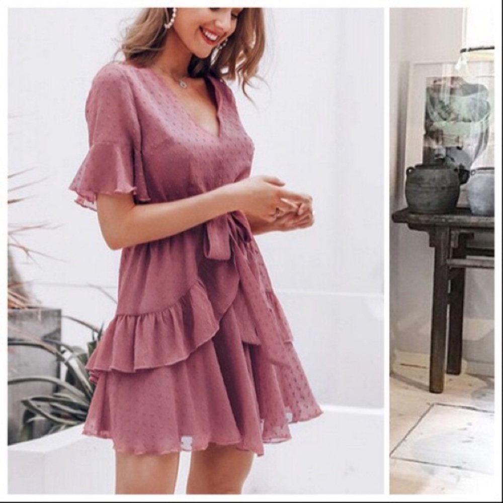 *CLEARANCE* Dusty Rose Boho Swiss Dot Mini Dress - Picture 5 of 7